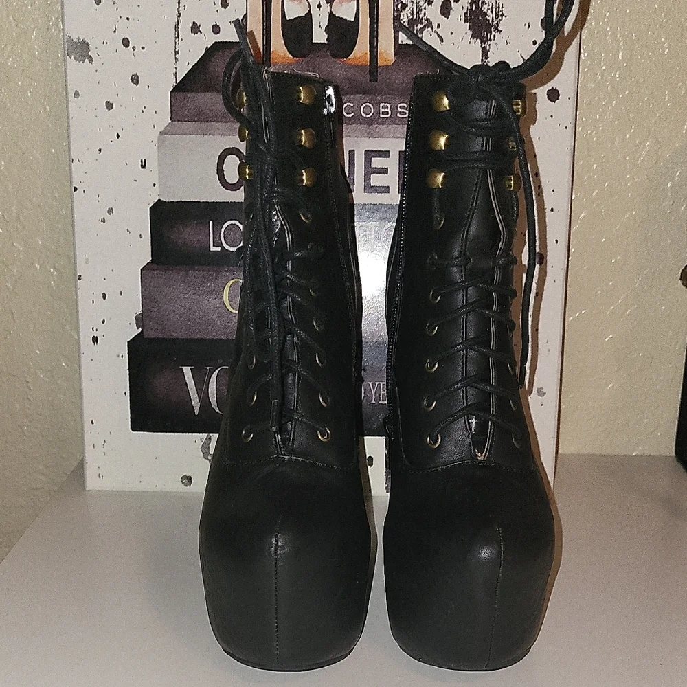 Jeffrey Campbell Damsel Black Lace Up Platform Wedge Boots, Sz 7.5 - Picture 4 of 11